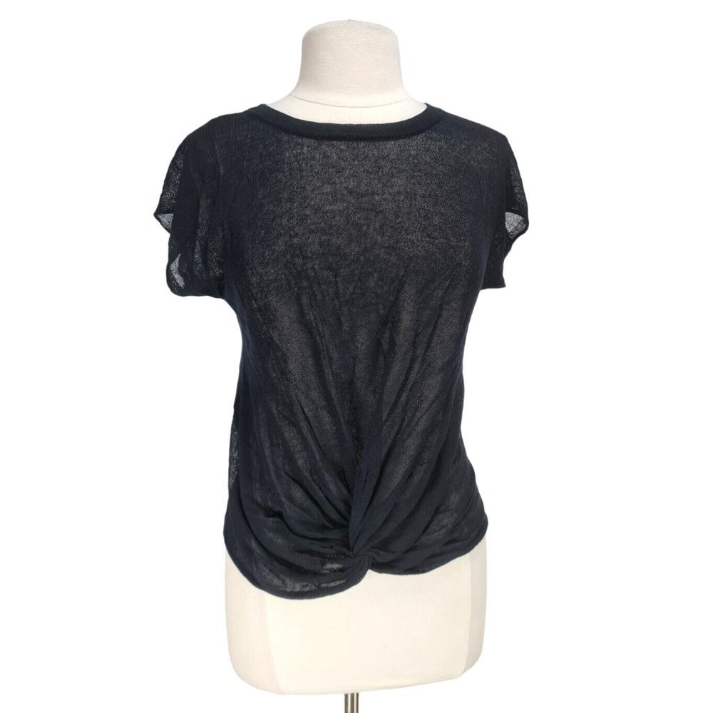 TTAHARI Women Size M Black Knit Drape Front Blouse Crew Neck Short Sleeve 69P